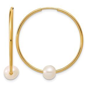 14K Gold Filled 5-6mm Round White FWC Pearl Hollow Hoop Earrings, 32mm